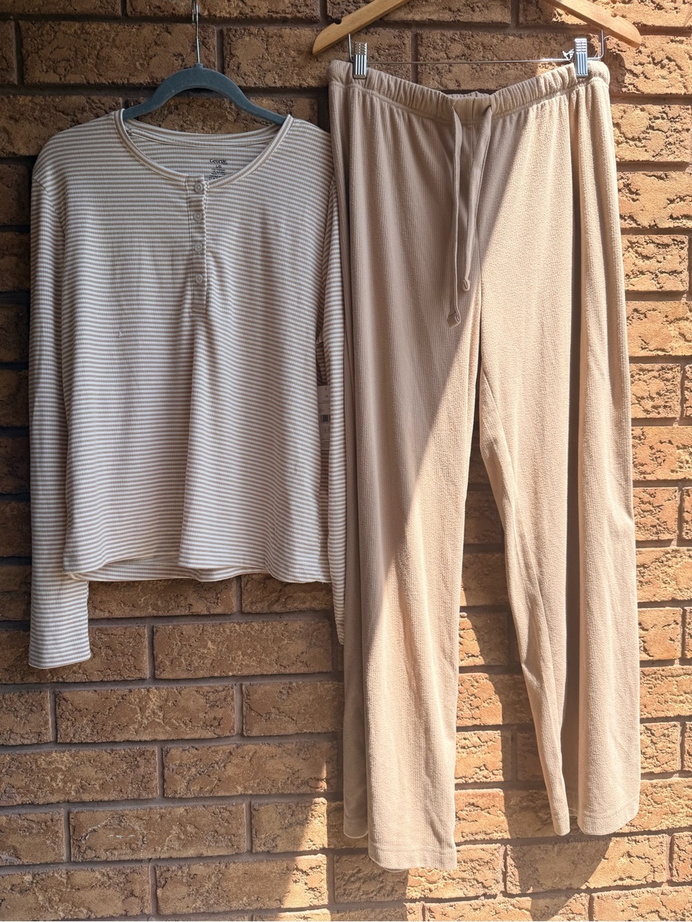 • George Women's Cozy Long-Sleeve Henley & Lounge Pants Set — Cream Stripes